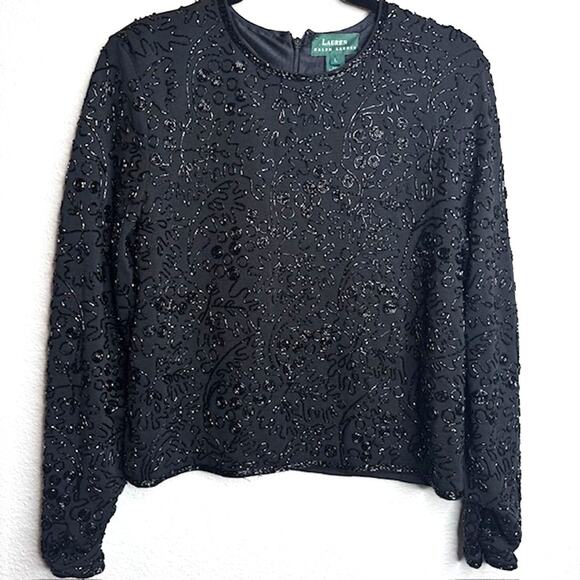 Elevated Luxurious Black Beaded Shimmering Top Sz Large - Picture 3 of 16